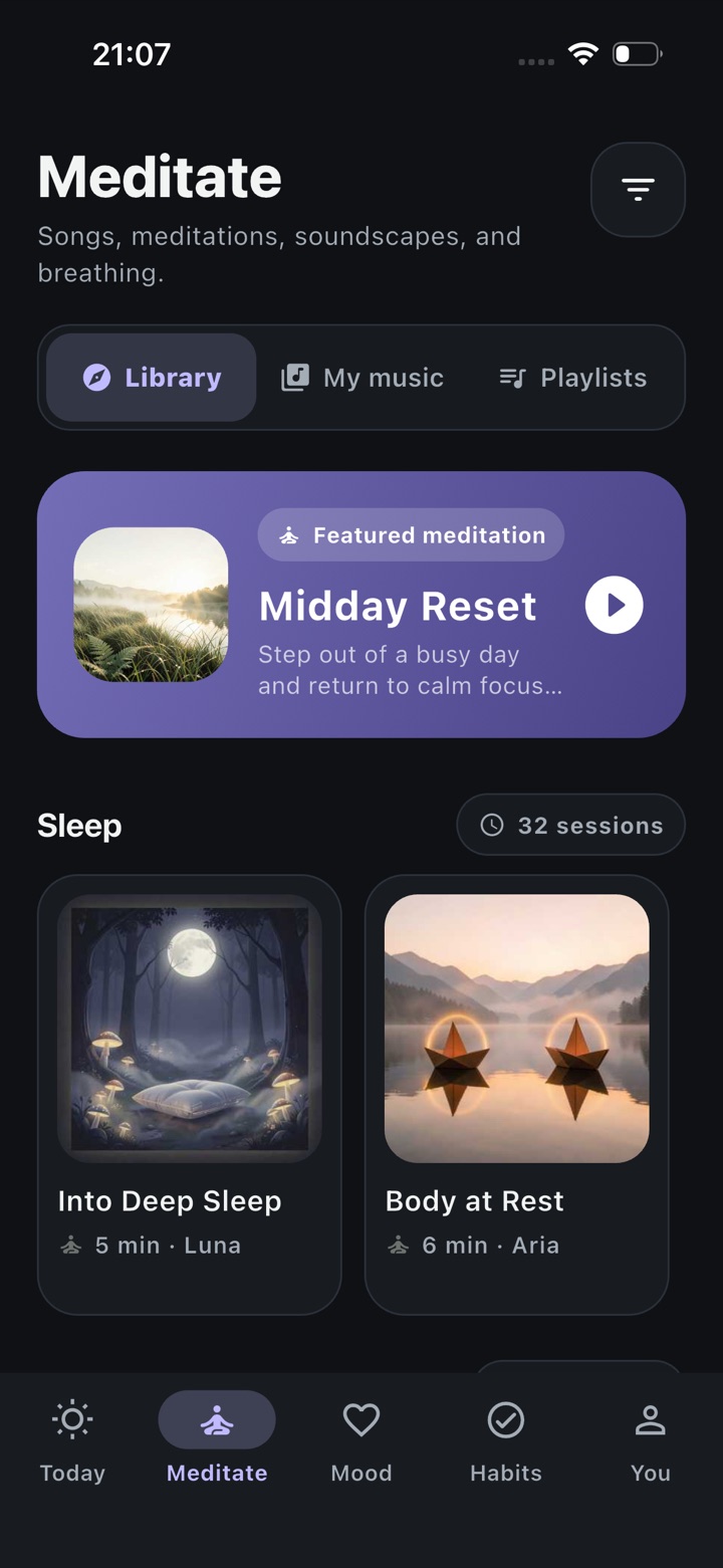 Maevy meditation library with guided sessions and soundscapes